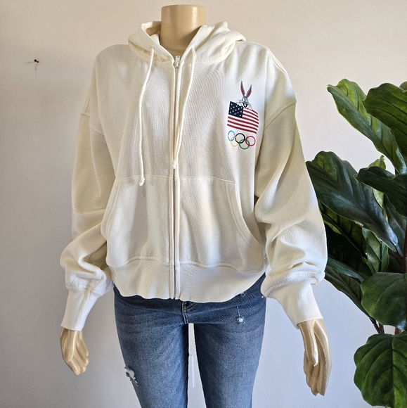 Warner Bros. Looney Tunes Zip-Up Hoodie Size XL Women Cream Color Soft - Picture 2 of 11